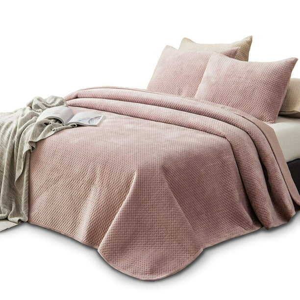 Luxurious Bedding Soft & Warm Machine Washable Bedspread KASENTEX Plush Poly Velvet Lavish Design Quilt Set Dust Rose Pink, King + 2 Shams 